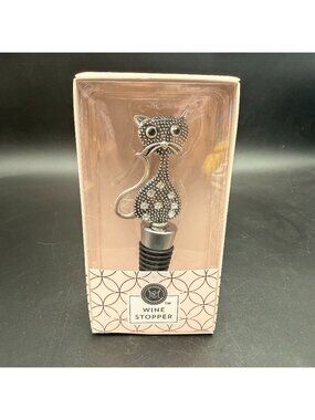 Modern Expressions Jeweled Cat Wine Bottle Stopper Black Silver Rhinestone NIB